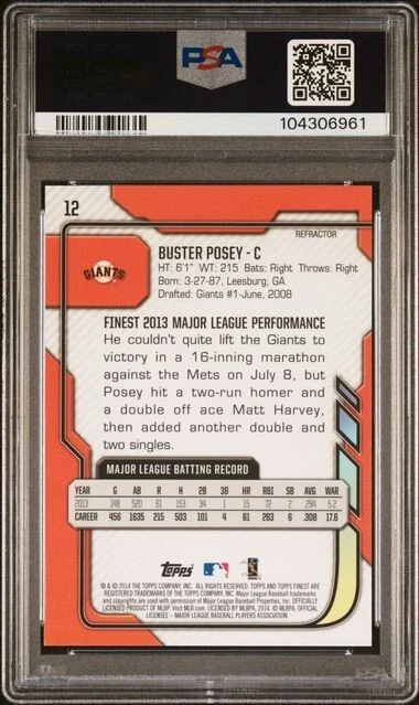 2014 Topps Finest Black Refractor /99 Buster Posey #12 PSA 9 Giants  - Image 2 of 2