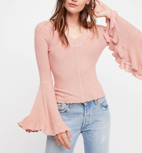 FREE PEOPLE INTIMATELY WASHED PINK BELL SLEEVE SOO DRAMATIC TOP Sz 