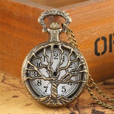 Antique Style Hollow-out Tree Cover Unisex Quartz Pocket Watch with Long Chain