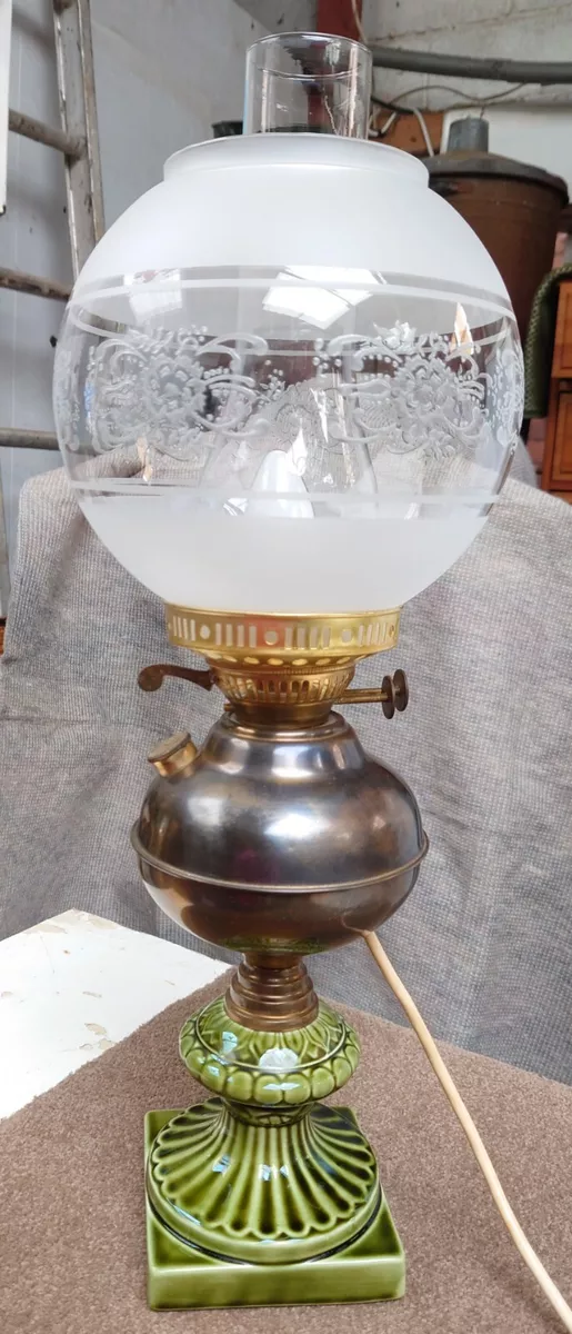 Antique Victorian Oil Lamp Brass Glass Ceramic Table Lamp Conversion