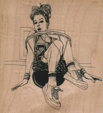 Mounted Rubber Stamp, Girl Caught In The Hoop, Basketball, Sports, Retro Girl