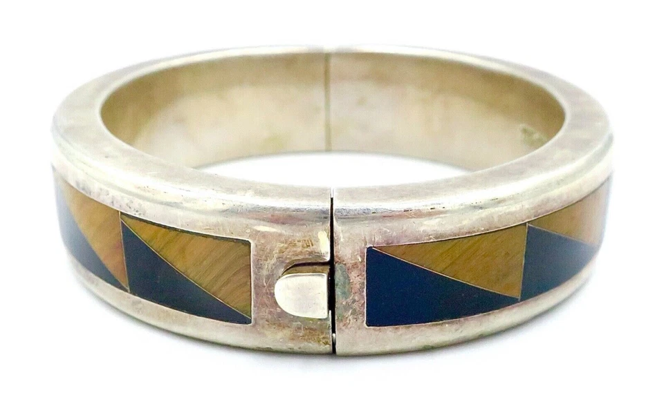 Vintage Taxco Mexico TN-207 CRYS 950 Sterling Silver Bangle Tiger Eye Black Onyx - Image 2 of 4