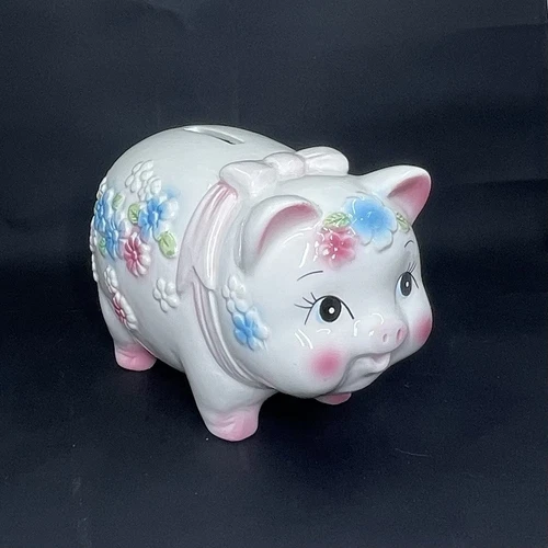 Vintage Piggy Bank Treasure Masters Ceramic Floral Pig Handcrafted In Japan