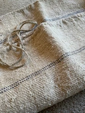 Antique French Grain Sack w Indigo Blue Stripes - Heavy Hemp Fabric - Full Sack