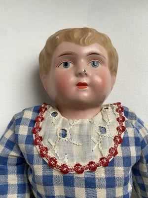 Vtg Minerva Germany 16'' Doll Blond Tin Head Plaid Blue Dress