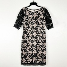 ELIZA J Nude Black Lace Overlay Sequin Beaded Sheer Elbow Length Sleeves Dress