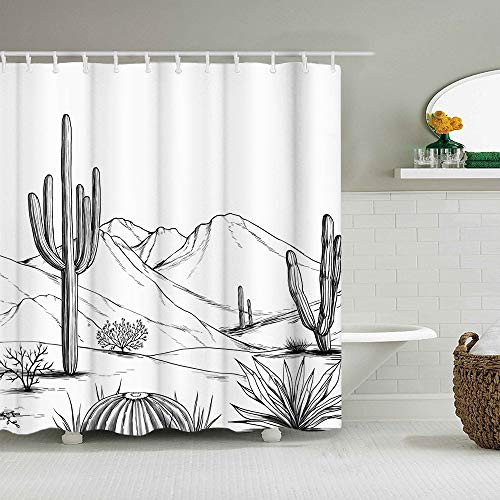 Western Shower Curtain Aztec Cactus Desert Bath Curtain Black White Bathroom - Picture 7 of 7