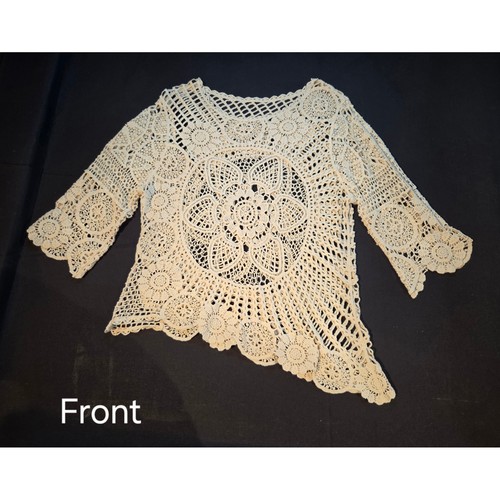 Boho Crochet Lace Asymmetrical Top Cream Floral Medallion 3/4 Sleeve Festival