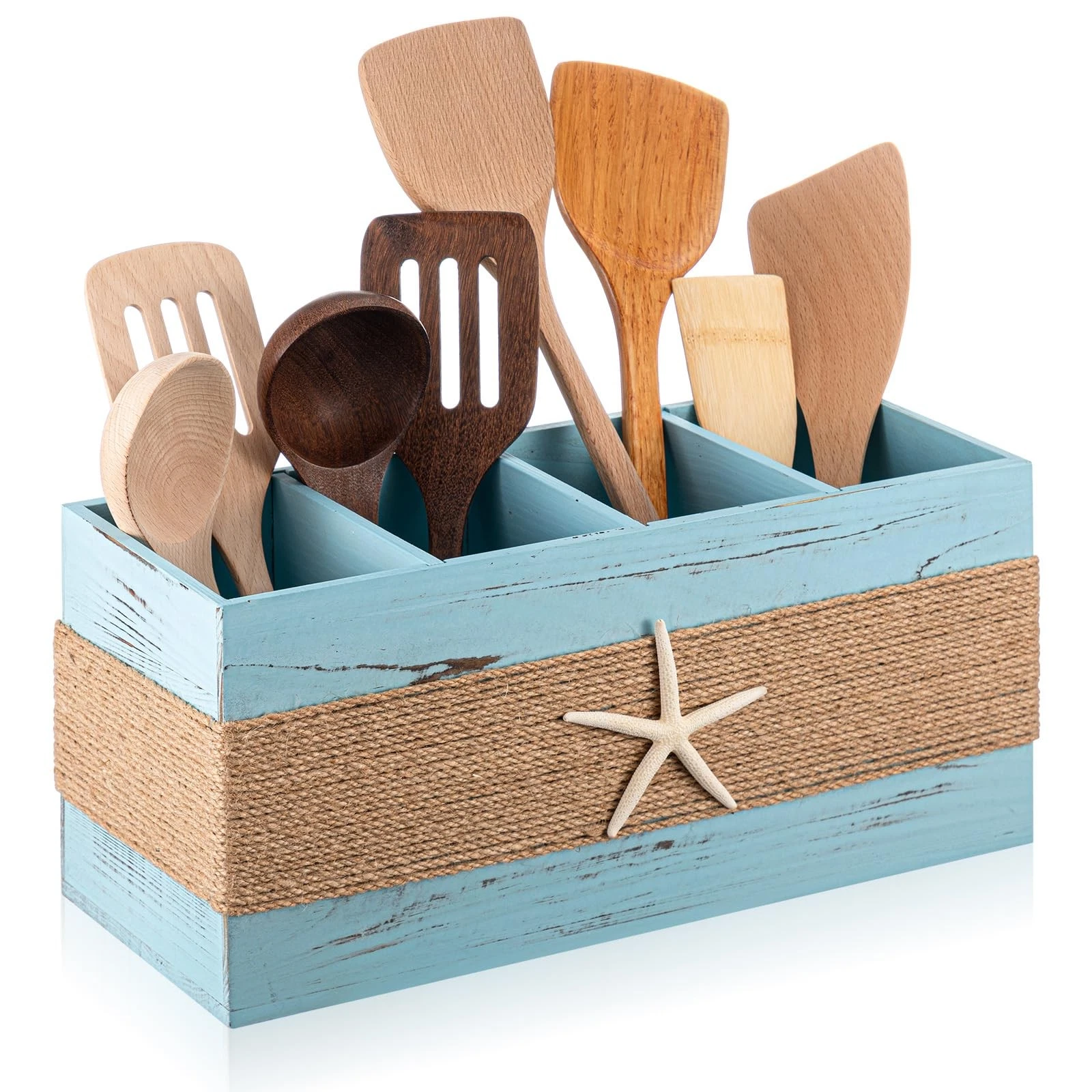 Coastal Utensil Wooden Holder with Starfish, Blue Large 4compartment Organize...