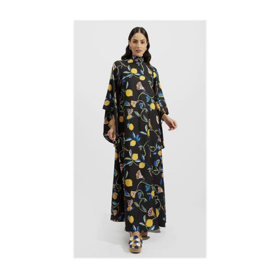 La DoubleJ One Size Silk Satin Maxi Kaftan Dress Black Butterfly Print