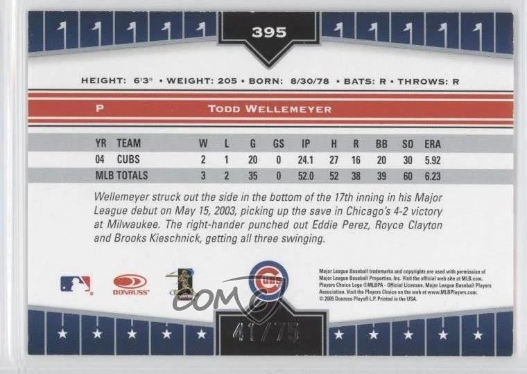 2005 Donruss Champions Orange Impressions /75 Todd Wellemeyer #395 - Image 2 of 2