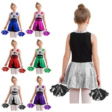 Kids Girls Dress Cheer Dancewear Versatile Outfits Leader Sequins Show V-Neck