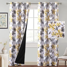 Yellow Floral Blackout Curtains 84 Inch Length 2 Panels Set for Bedroom Livin...