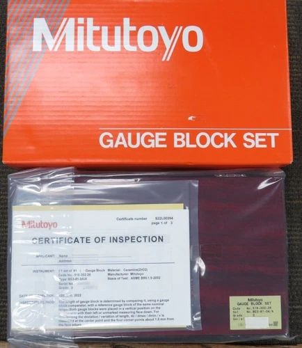 MITUTOYO 516-302-26 GAUGE BLOCK SET WITH CERTIFICATE OF INSPECTION SEALED NEW