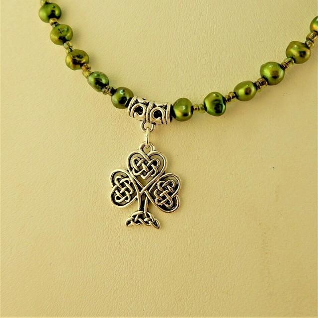 Irish Celtic Knot Shamrock necklace w/ green freshwater pearls eBay