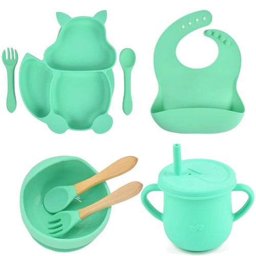 8PCS/Set Baby Sucker Bowl Plate Cup Bibs Spoon Fork Sets Children Feeding Dishes - Picture 42 of 51