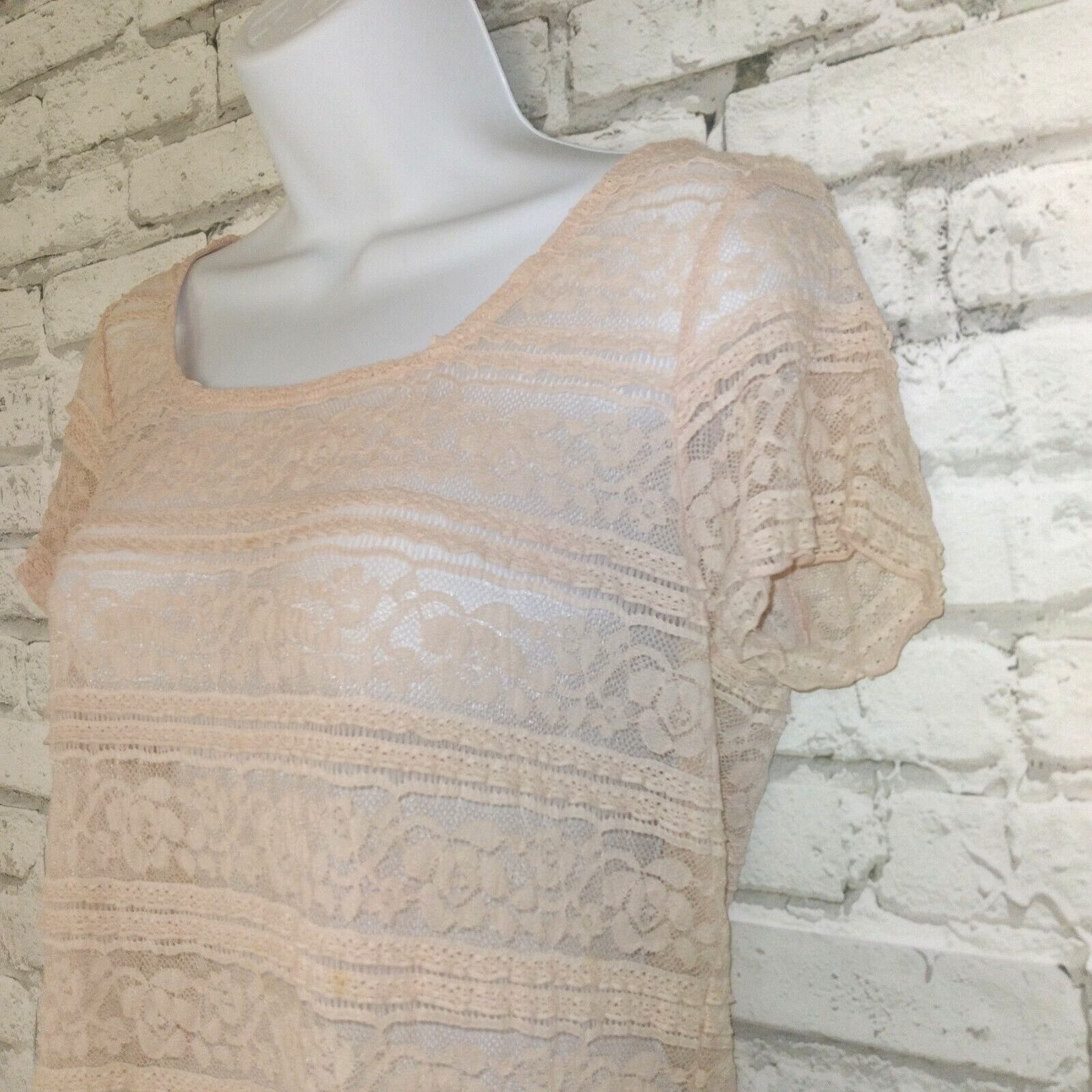 ELLE Womens Blouse Small Pink Lace Sheer Top Short Sleeve Scoop Neck Nylon