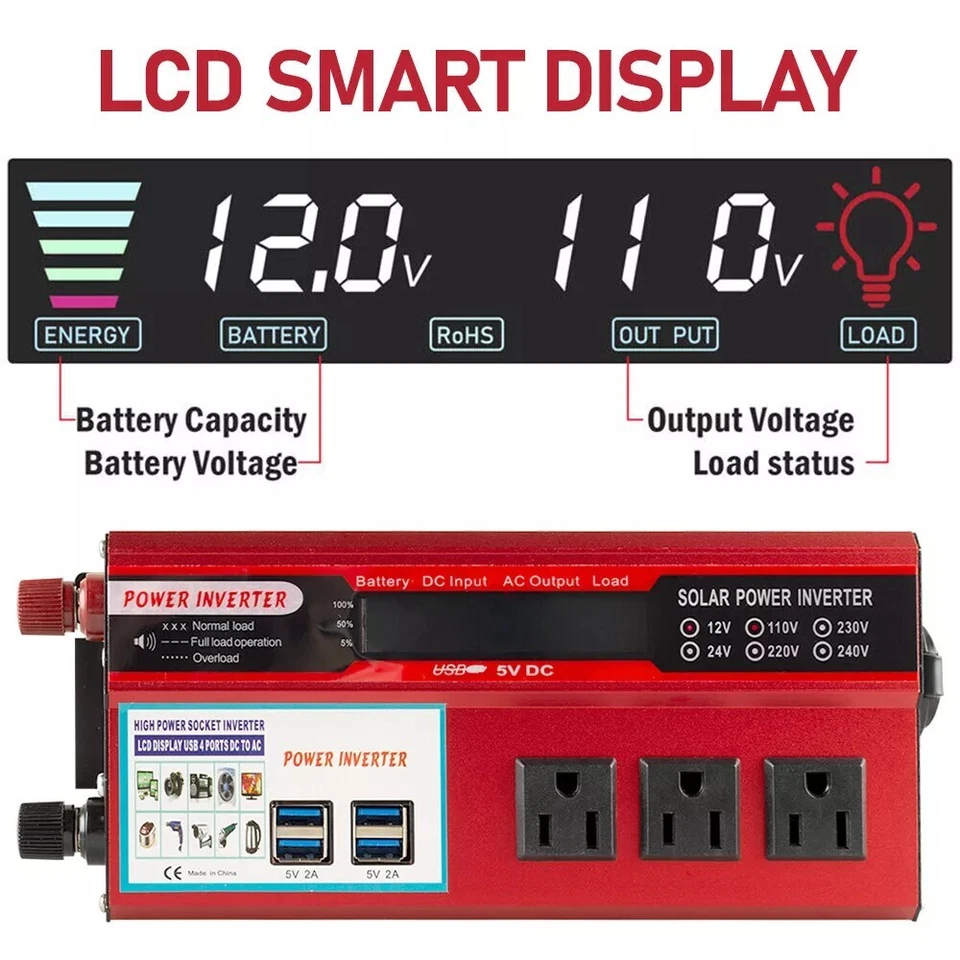 Car Power Inverter 5000W DC 12V To AC 110V Pure Sine Wave Solar Converter 4 USB - Image 3 of 4