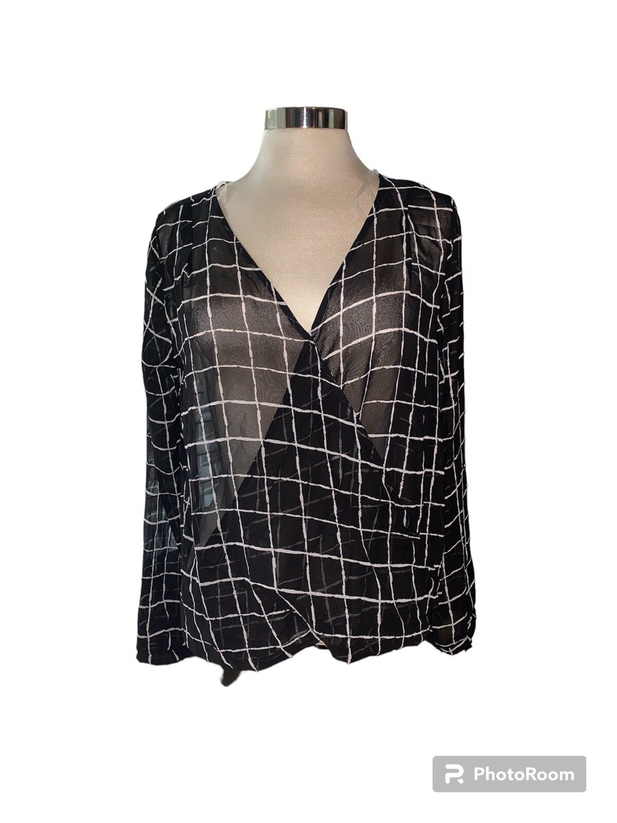 Lush blouse sheer drape front high/low long sleeve deep V