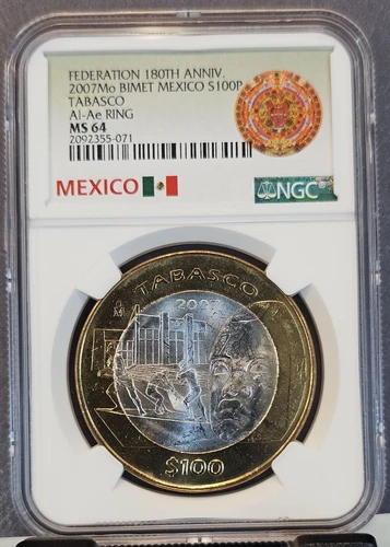 2007 MEXICO SILVER 100 PESOS ESTADO DE TABASCO NGC MS 64 BRIGHT BU COIN
