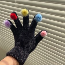 Women Wrist Glove Full Finger Pom Plush Faux Fur Cute Christmas Thermal