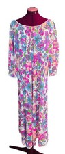 Vintage 70's Bright Multicolor Floral Nightgown Soft Lace Hem Long Sleeve Small