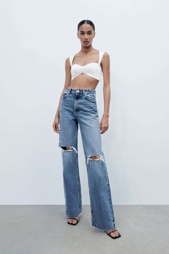 RIPPED WIDE LEG JEANS BLUE ALL SIZES 