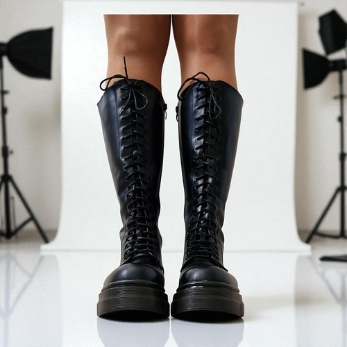 Womens Lace Up Boots Ladies Chunky Low Heel Combat Casual Biker Military Shoes - Picture 5 of 8