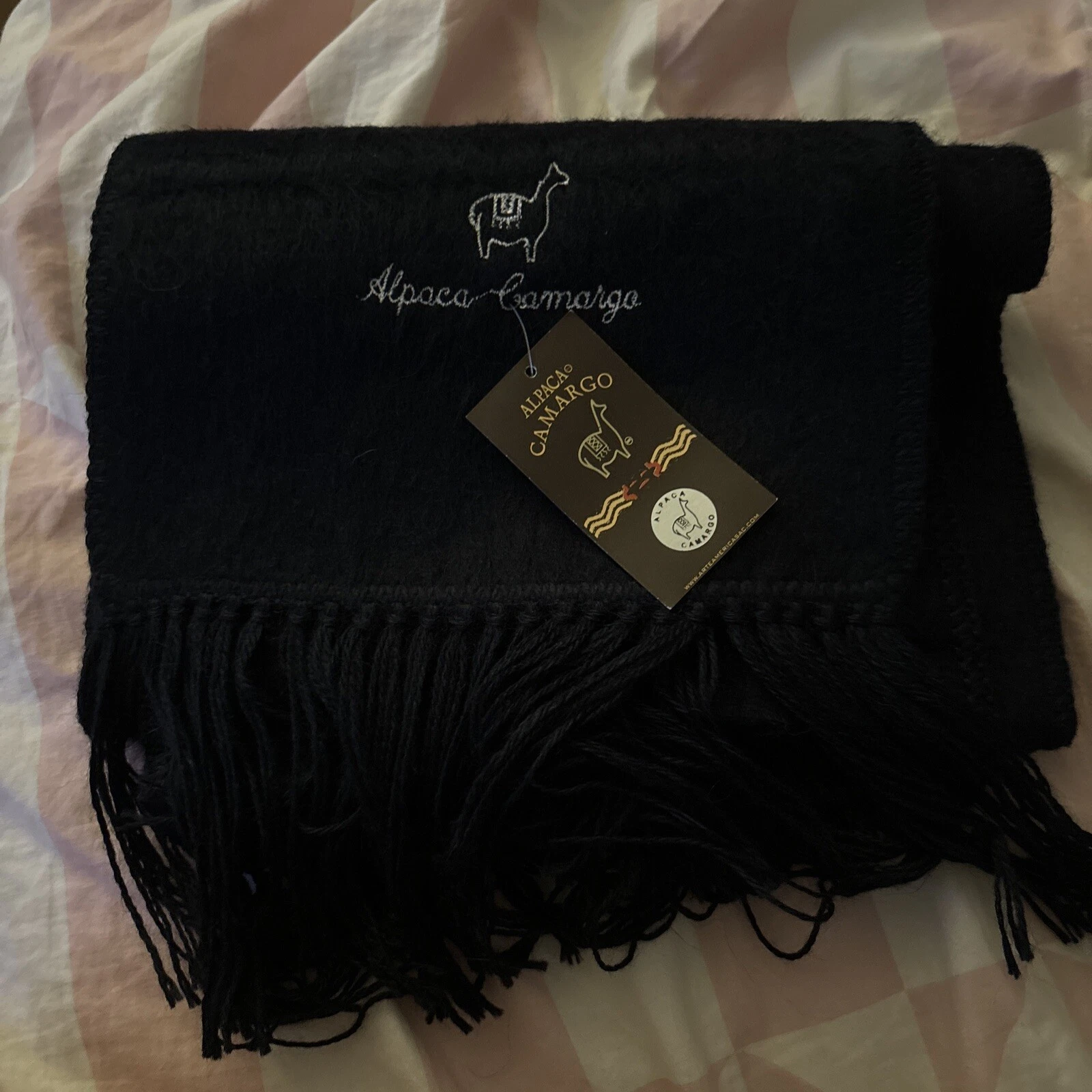 Alpaca Camargo Scarf Black Soft Brushed Lightweight Warmer Fringe Made in Peru