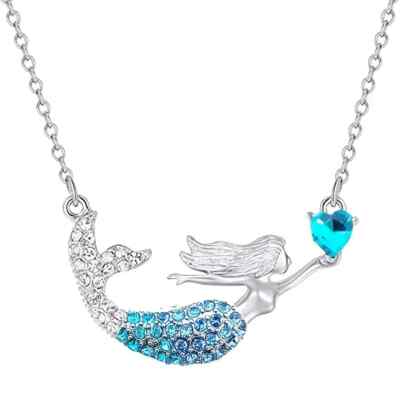 Cute Colorful Rhinestone Decor Mermaid Cartoon Pendant Necklace Exquisite Trendy