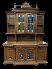 Antica credenza Liberty in legno intagliato con frutta  vetri colorati inizi ...