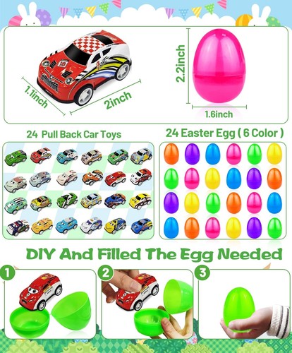 24 Pack Easter Eggs Filled with Pull Back Cars, Easter Toys Colorful Racing V... - Picture 2 of 6