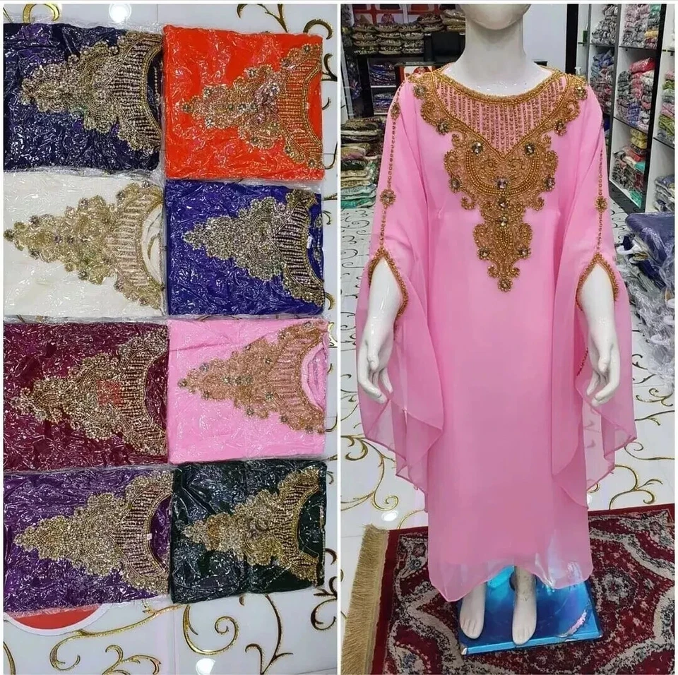 Vestido largo de boda marroquí Georgette caftán Ramzan Eid bebé rosa elegante para niños Foto 2 de 3