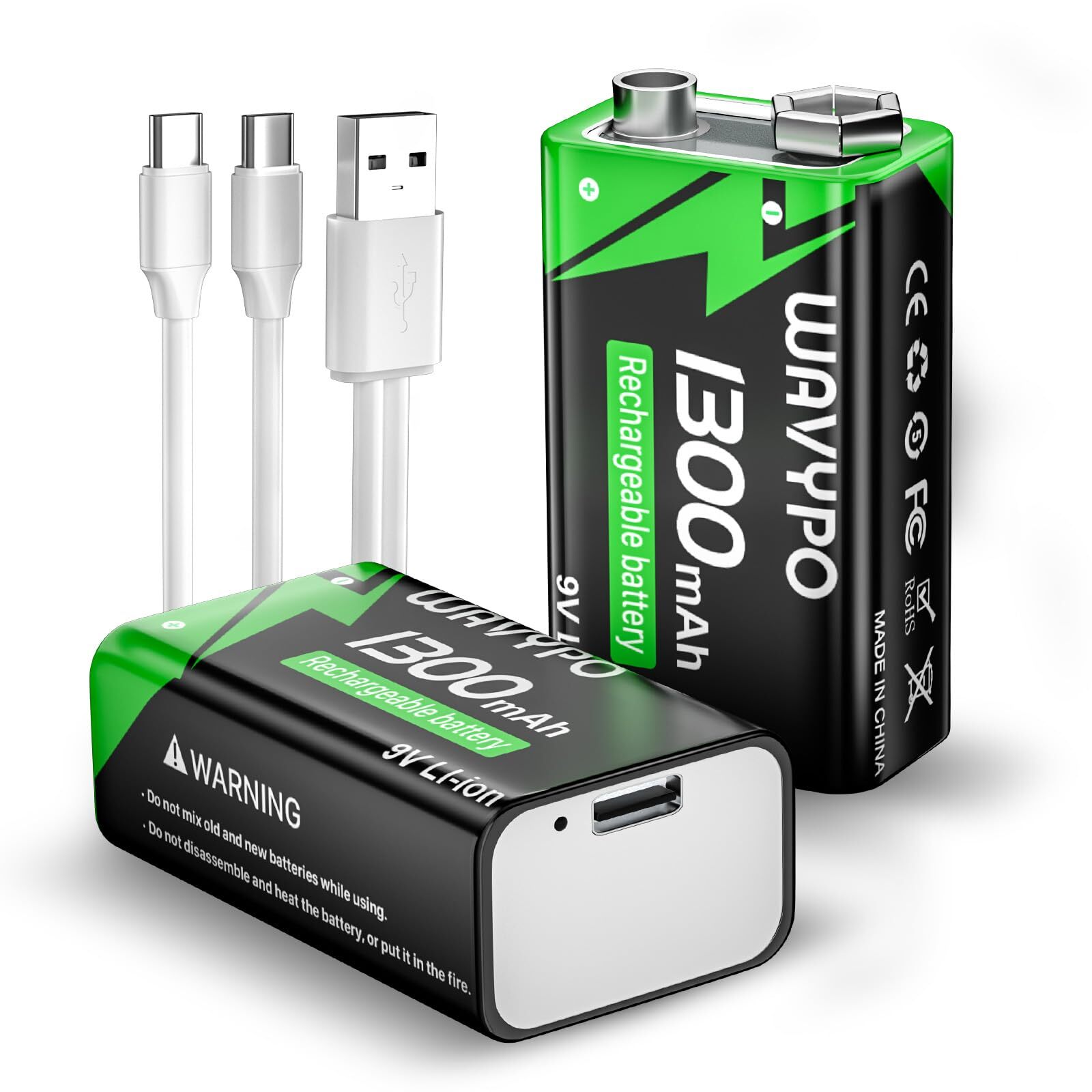 1300mAh 9V Rechargeable Lithium Batteries with USB-C Charging-image