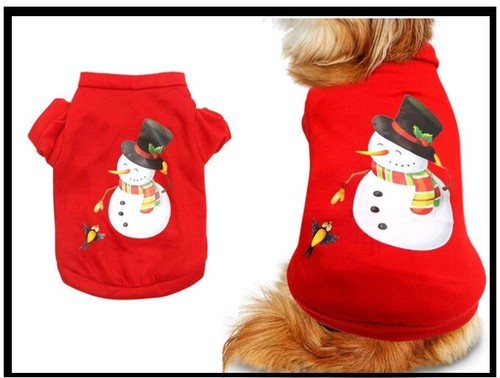 Weihnachtskleidung für Hunde oder Katzen - rot Größe Small Shirt Welpen Haustierkleidung - Schneemann - Bild 2 von 6