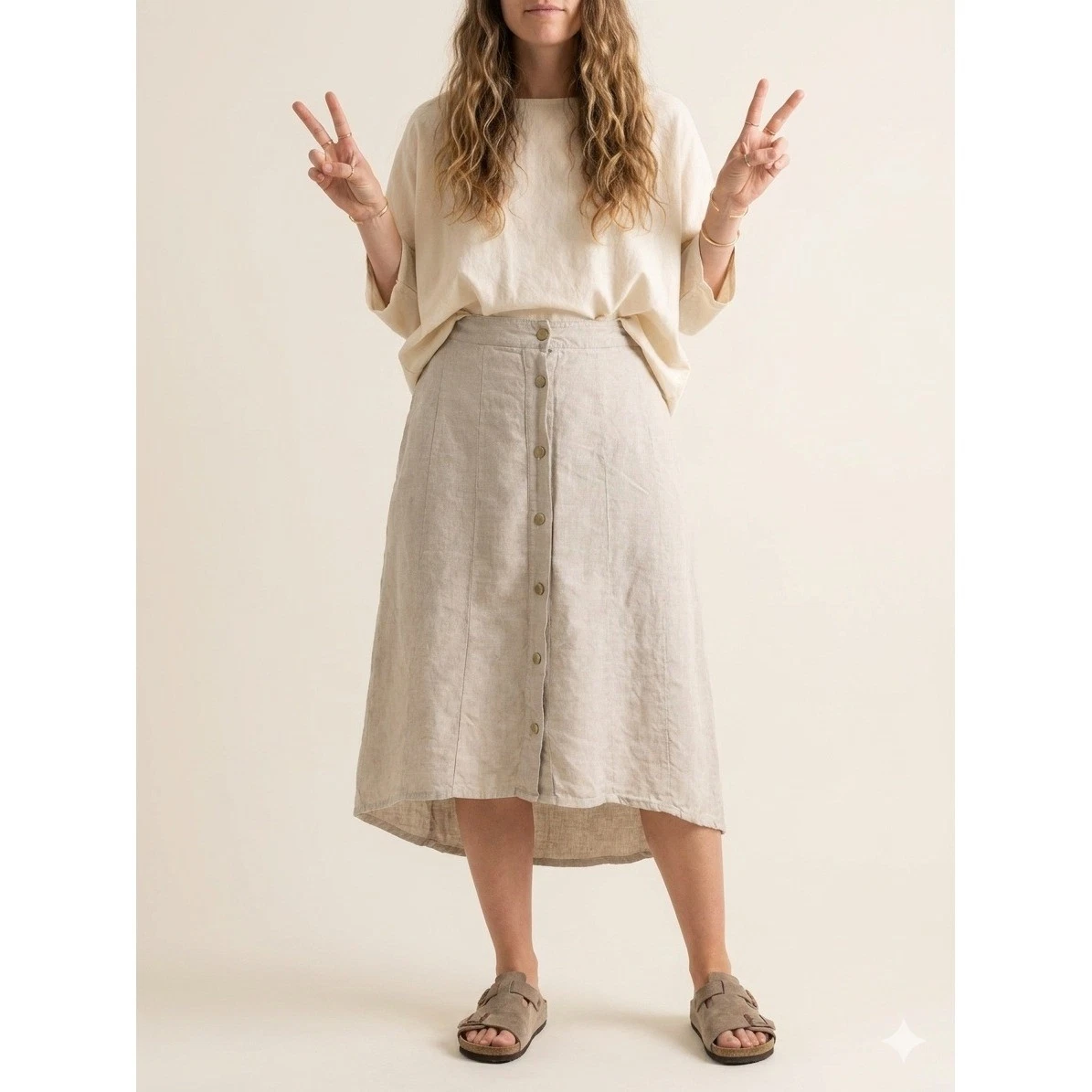 Soft Surroundings 100% Linen Button Front High Low Midi A-Line Skirt Beige PL