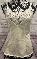 VTG 80  s Women  s Vassarette Ivory Satin 100 Nylon Laced V-Neck USA Made Cami S