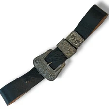 Vintage 70s Streets Ahead Black Leather Belt Floral Silver Buckle Western Medium