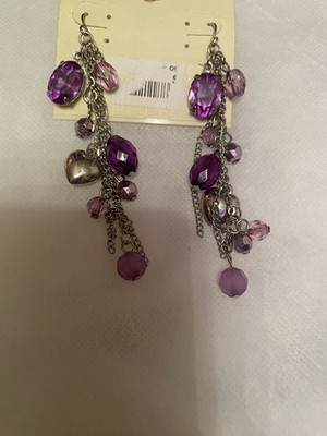 NWT Purple And Silver Beaded Hearts Dangle Earrings 3.5  In Length