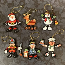 Needlepoint Christmas Tree Ornaments Handmade Set of 6 Santa Reindeer Snowman