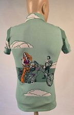 VINTAGE 1970 S STRIPED POLY BUTTON DOWN SHIRT W GRAPHIC BIKER BACK