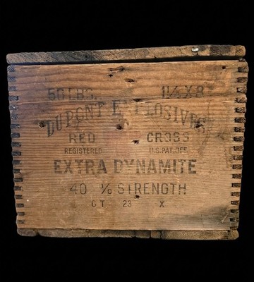 Antique DuPont Red Cross Extra Dynamite Wooden Crate Box w/Hinged Lid