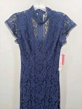 Pre-Owned Aqua Navy Size XS Lace Maxi Evening Gown