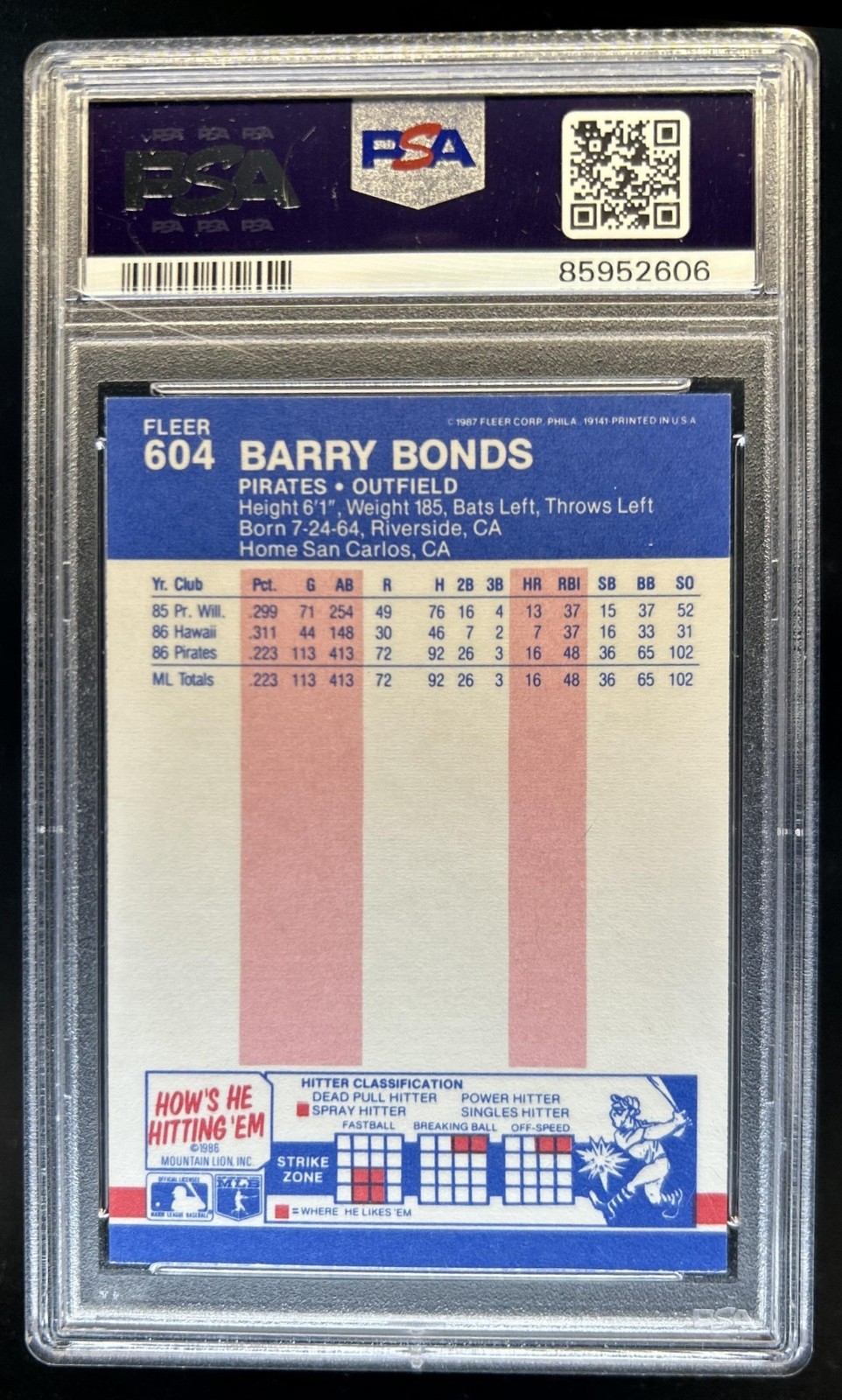1987 Fleer Barry Bonds Rookie RC #604 Pirates PSA 9 view 2