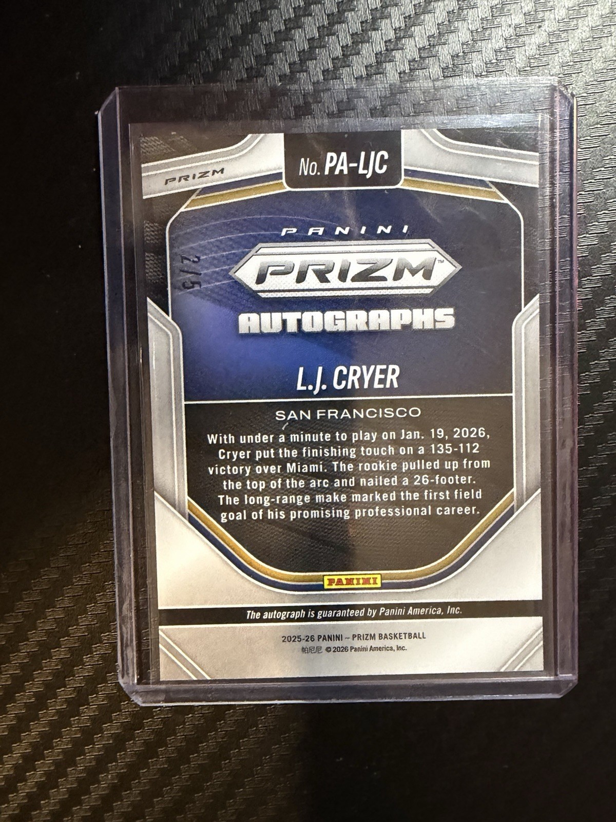 2025-26 Panini Prizm FOTL -L.J. Cryer Gold Vinyl Auto #/5 Color Match RC view 2