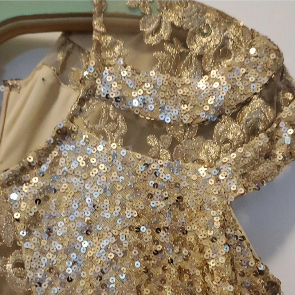 Золотое платье с блестками и кружевами Badgley Mischka размер 6 бывшее в употреблении - Изображение 3 из 4