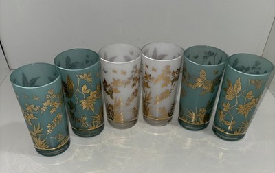 Vintage Mid Century 1950s William A. Meier Glass Co. White/Teal Gold Foliage...