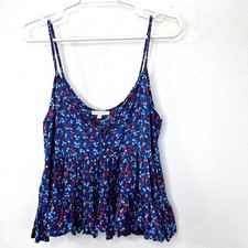 Patrons of Peace Cropped Cami Tank Top M Blue Red Floral Peplum Ruffle Festival