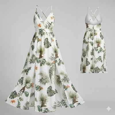 Love Tree Tropical Palm Leaf Maxi Dress White Green Floral Double Slit Small