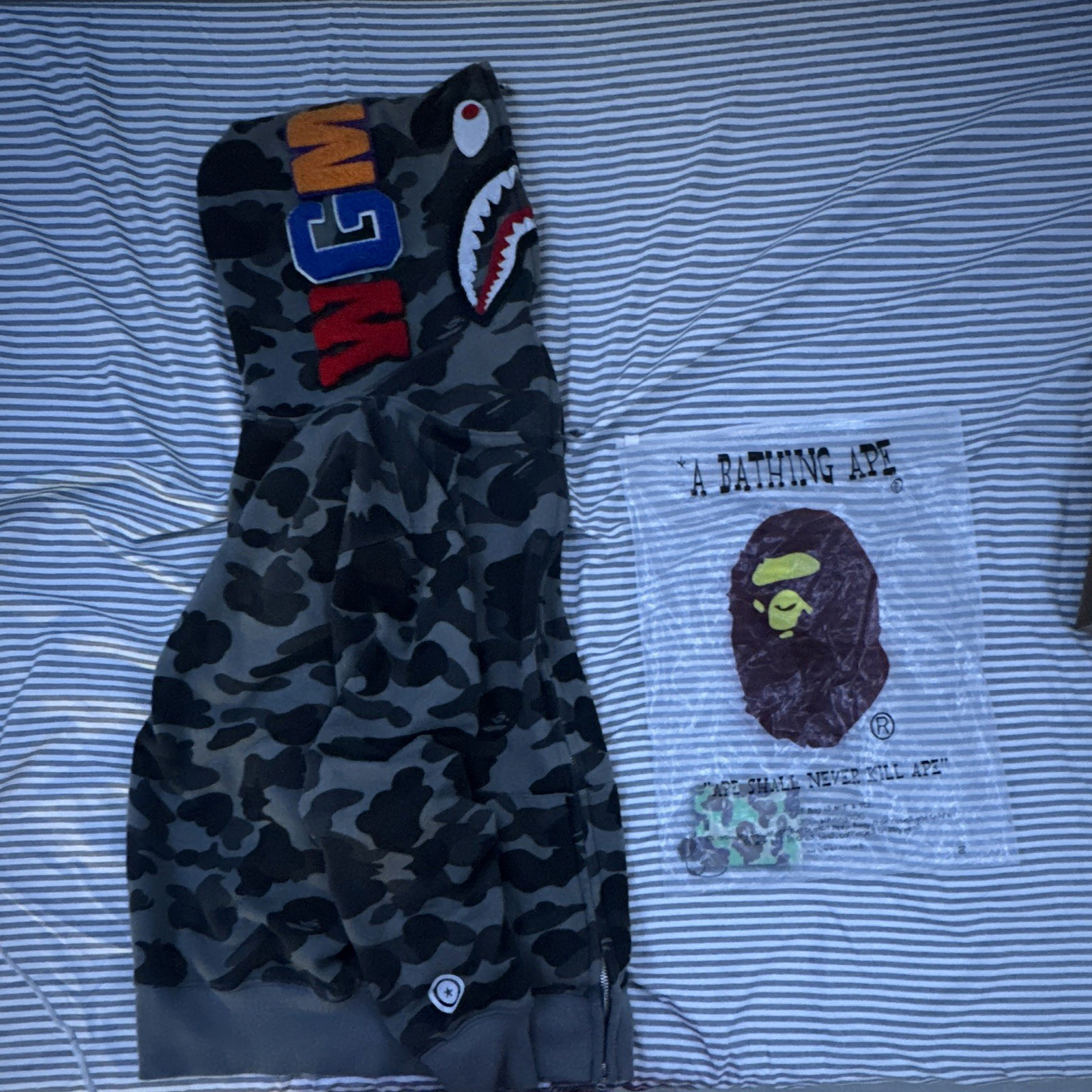 A Bathing Ape BAPE Shark Full Zip Camo Fleece Cotton Hoodie Gray/Black Men M